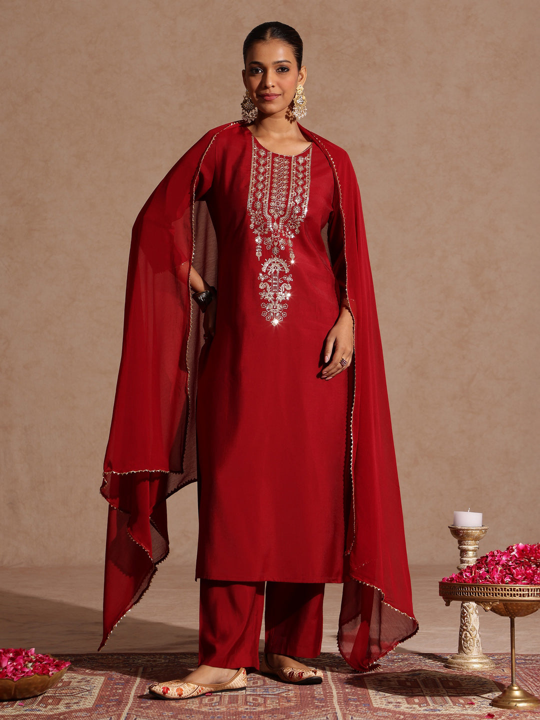 Ninnique Women's Maroon Chanderi Silk Zari Yoke Embroidered Straight Kurta Set