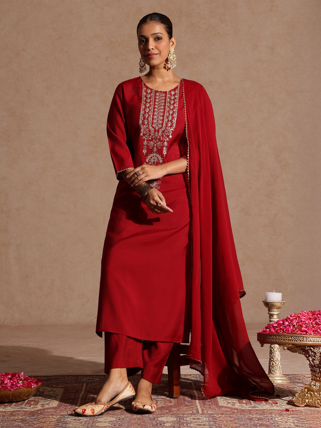 Ninnique Women's Maroon Chanderi Silk Zari Yoke Embroidered Straight Kurta Set