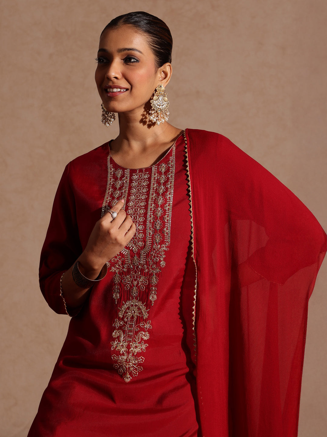 Ninnique Women's Maroon Chanderi Silk Zari Yoke Embroidered Straight Kurta Set