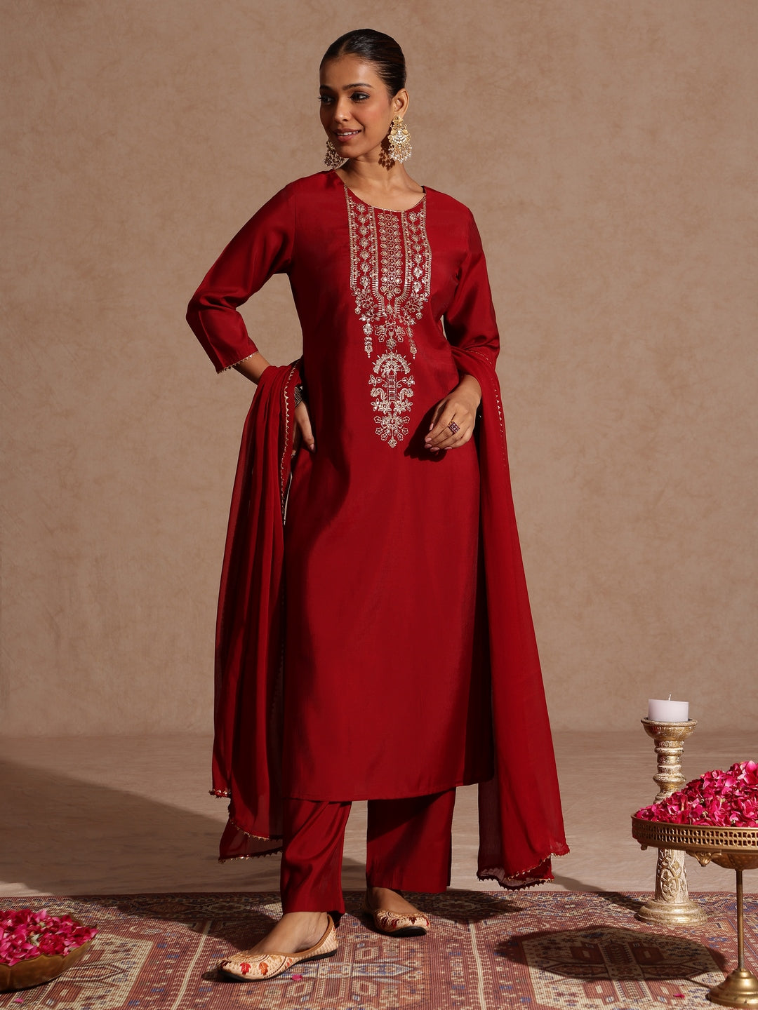 Ninnique Women's Maroon Chanderi Silk Zari Yoke Embroidered Straight Kurta Set