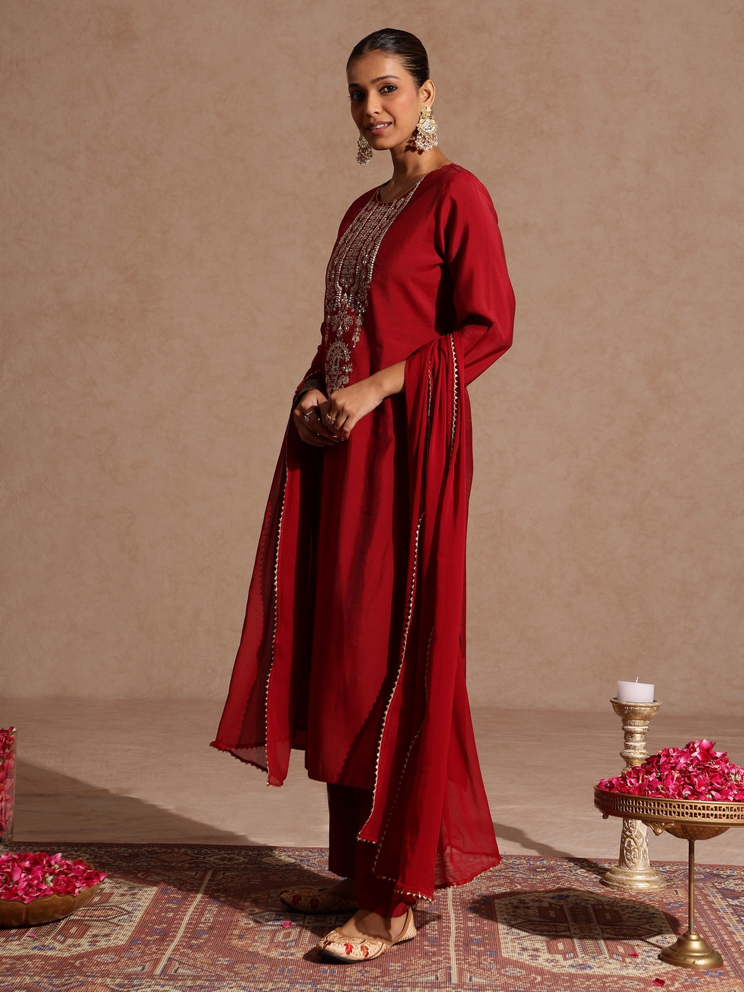 Ninnique Women's Maroon Chanderi Silk Zari Yoke Embroidered Straight Kurta Set