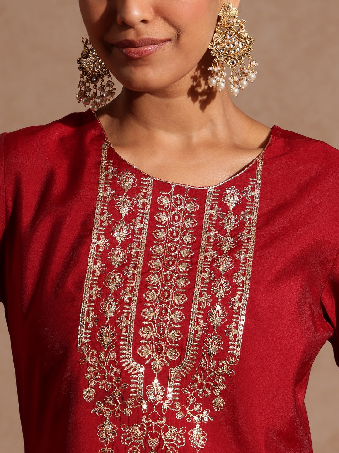 Ninnique Women's Maroon Chanderi Silk Zari Yoke Embroidered Straight Kurta Set