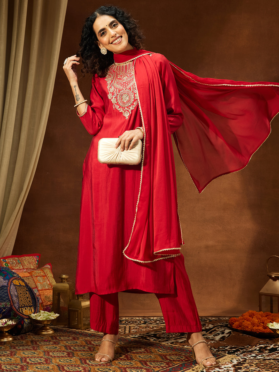 Ninnique Women's Maroon Chanderi Silk Zari Yoke Embroidered Straight Kurta Set