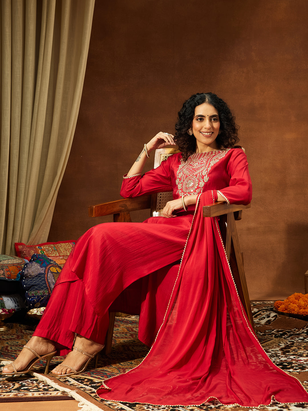 Ninnique Women's Maroon Chanderi Silk Zari Yoke Embroidered Straight Kurta Set