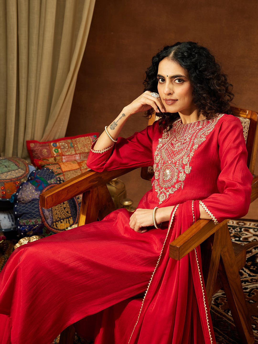 Ninnique Women's Maroon Chanderi Silk Zari Yoke Embroidered Straight Kurta Set