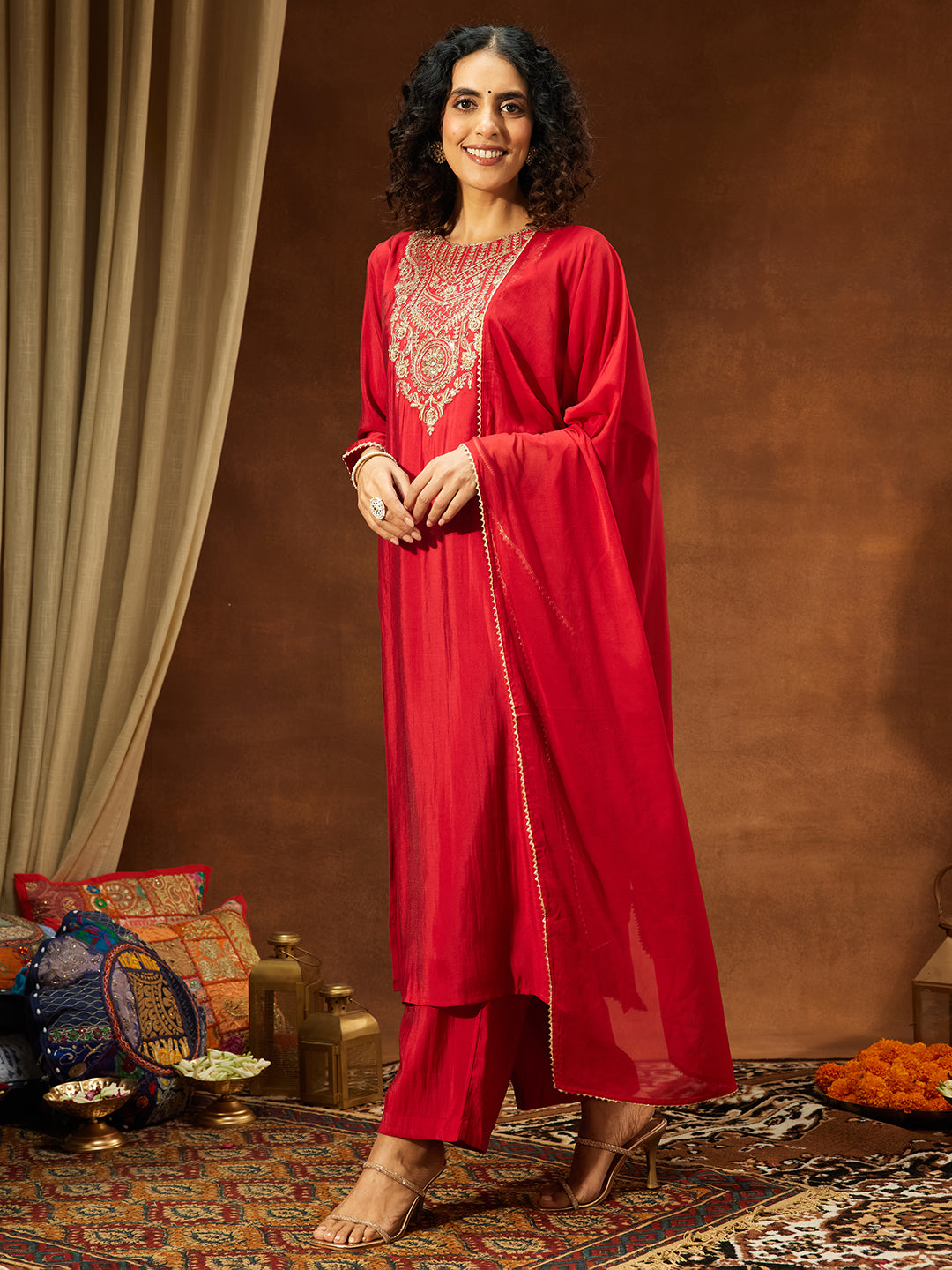 Ninnique Women's Maroon Chanderi Silk Zari Yoke Embroidered Straight Kurta Set