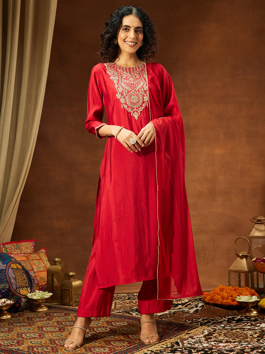 Ninnique Women's Maroon Chanderi Silk Zari Yoke Embroidered Straight Kurta Set