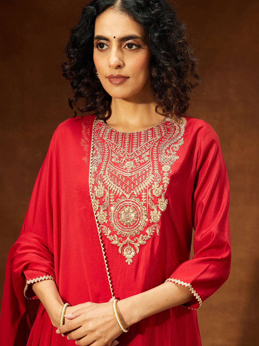 Ninnique Women's Maroon Chanderi Silk Zari Yoke Embroidered Straight Kurta Set