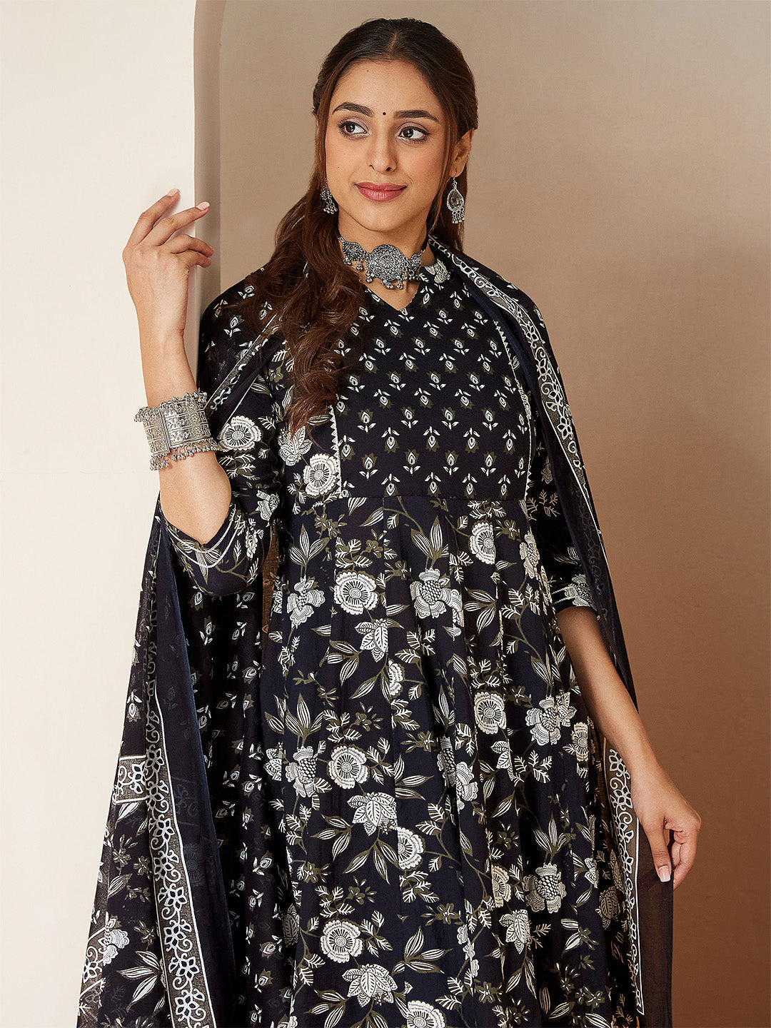 Ninnique Women's Black Pure Cotton Floral Printed Anarkali Kurta Set