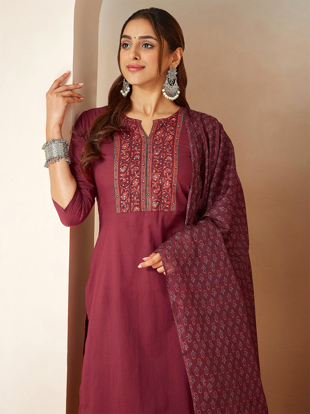 Ninnique Women's Burgundy Pure Cotton Embellished Straight Kurta Set