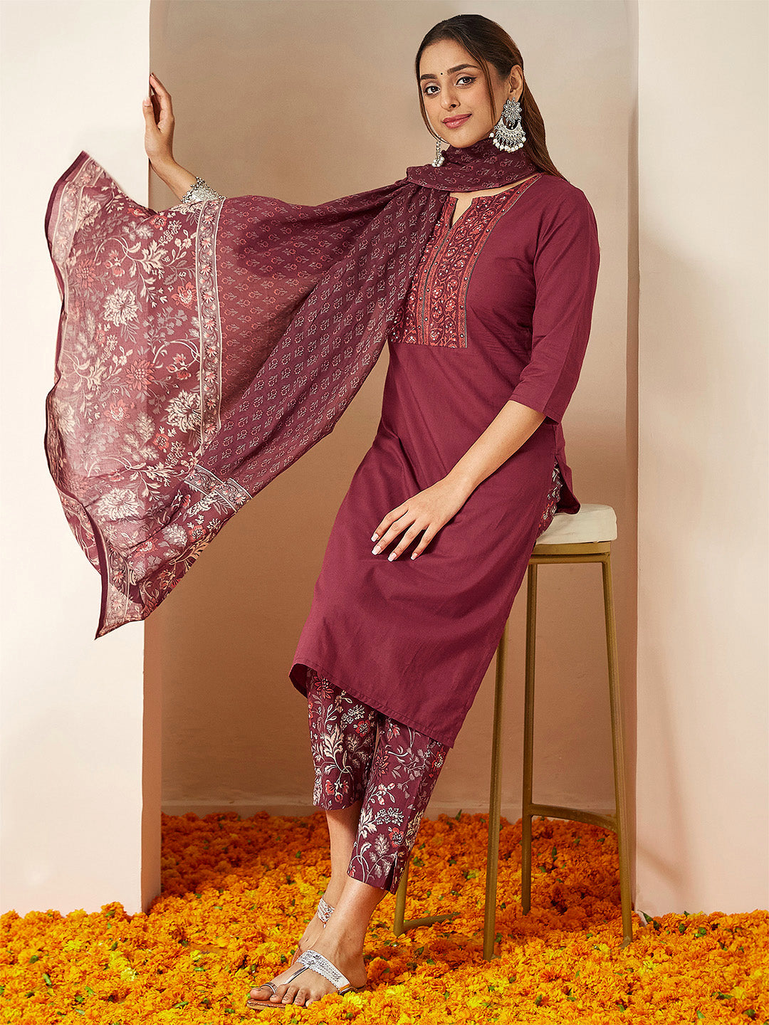 Ninnique Women's Burgundy Pure Cotton Embellished Straight Kurta Set