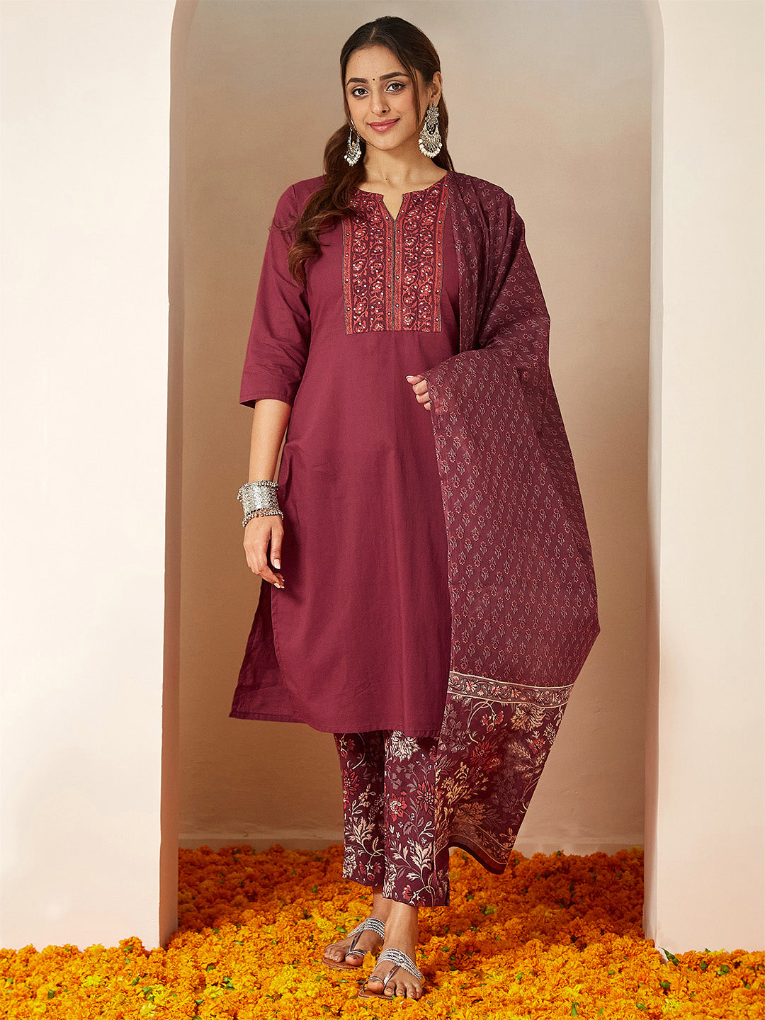 Ninnique Women's Burgundy Pure Cotton Embellished Straight Kurta Set