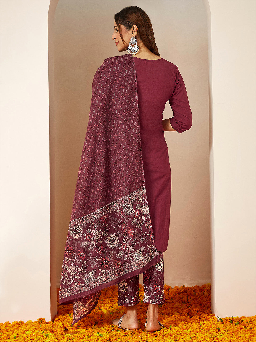 Ninnique Women's Burgundy Pure Cotton Embellished Straight Kurta Set