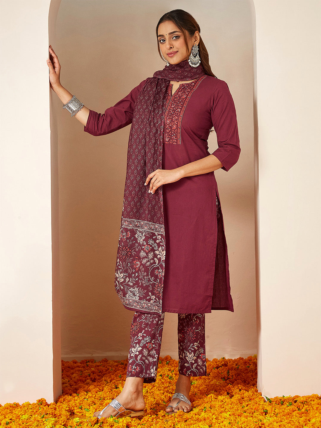 Ninnique Women's Burgundy Pure Cotton Embellished Straight Kurta Set