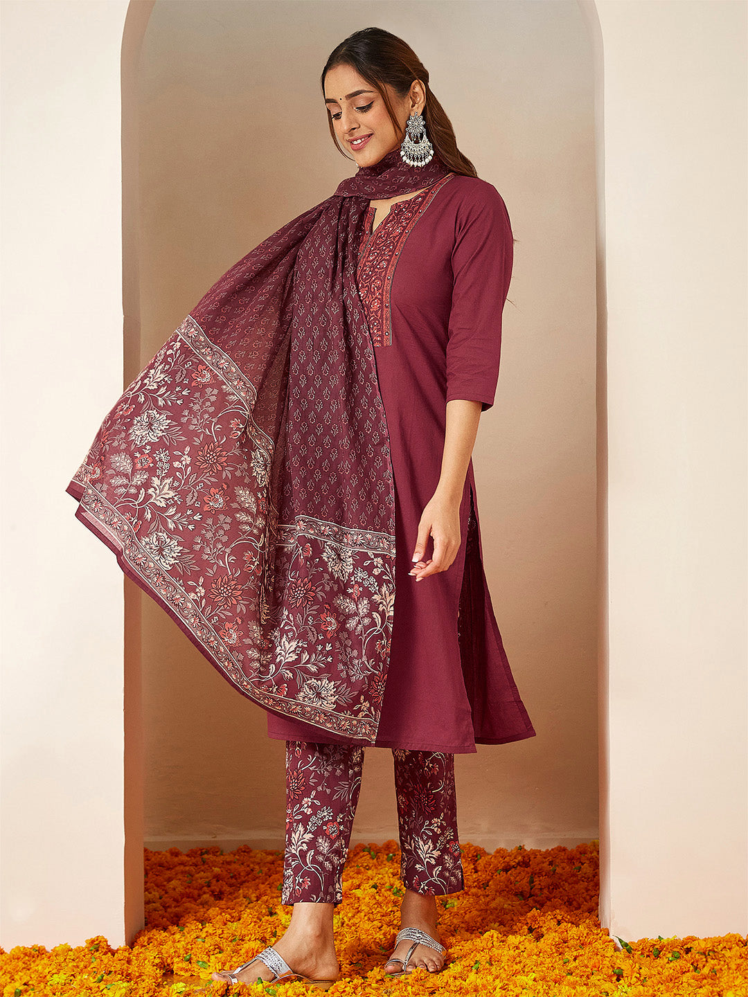 Ninnique Women's Burgundy Pure Cotton Embellished Straight Kurta Set
