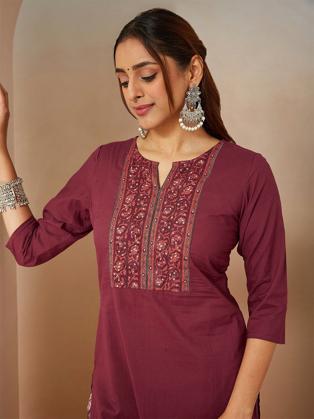 Ninnique Women's Burgundy Pure Cotton Embellished Straight Kurta Set