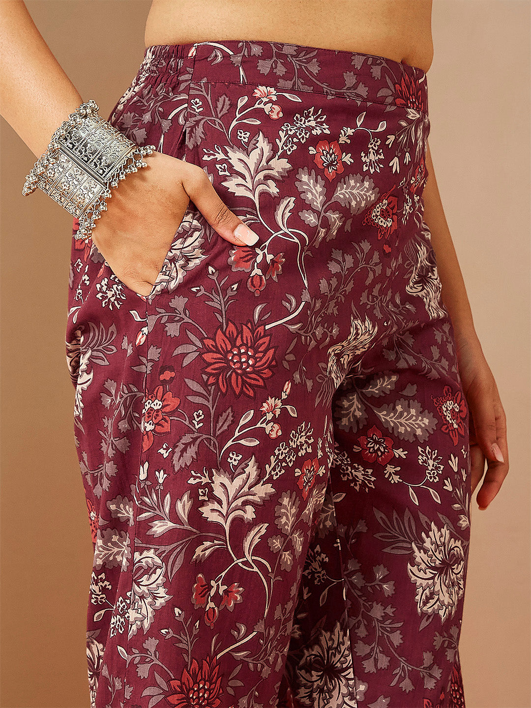 Ninnique Women's Burgundy Pure Cotton Embellished Straight Kurta Set