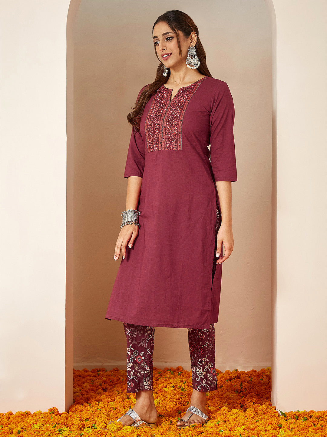 Ninnique Women's Burgundy Pure Cotton Embellished Straight Kurta Set