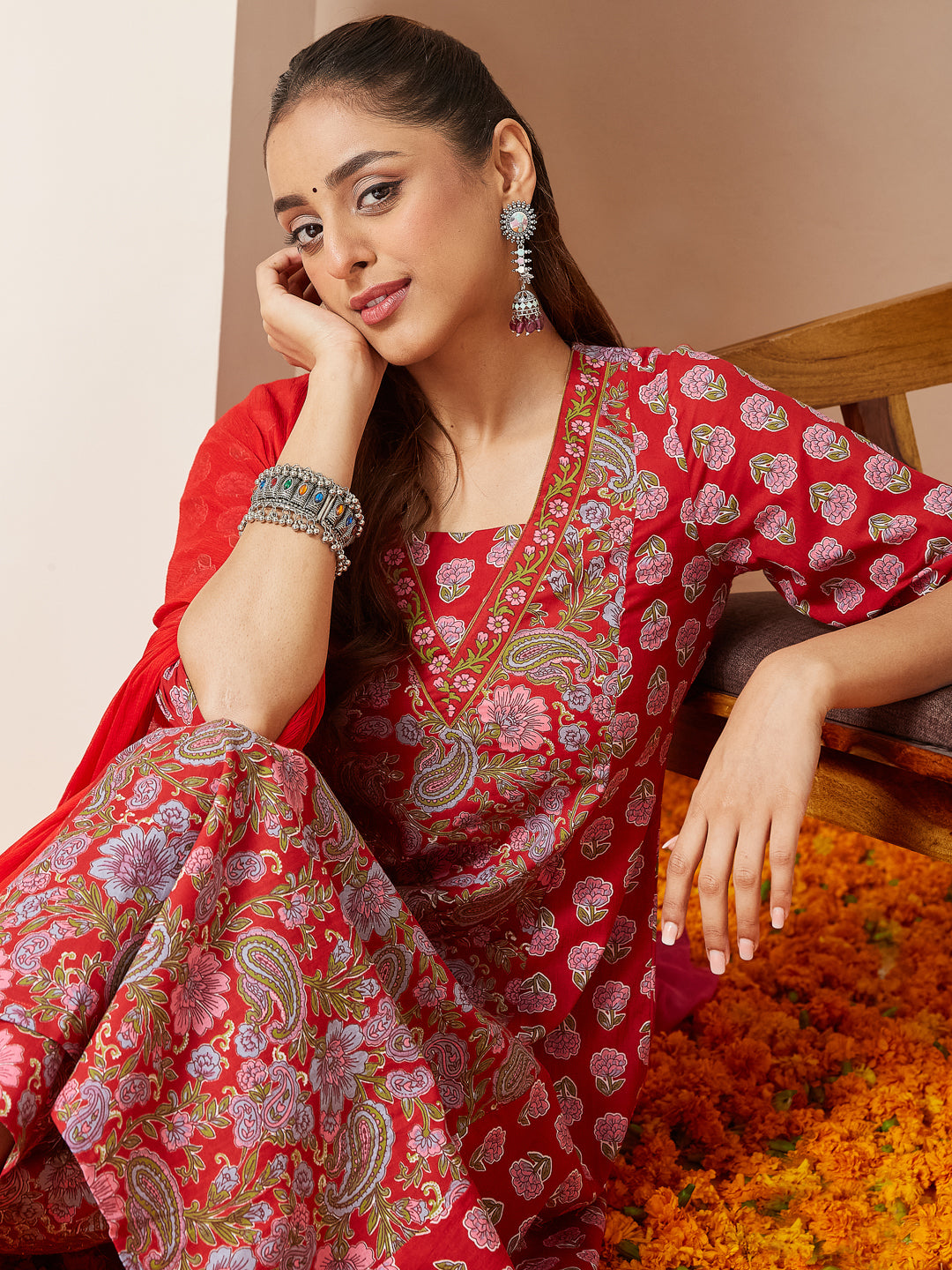 Ninnique Women's Red Pure Cotton Floral Printed A-line Kurta Set