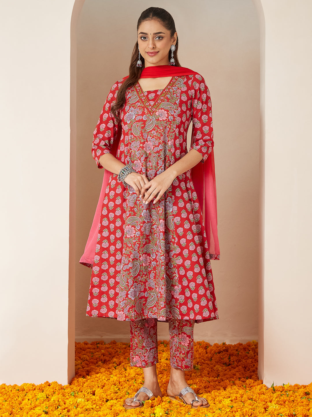 Ninnique Women's Red Pure Cotton Floral Printed A-line Kurta Set