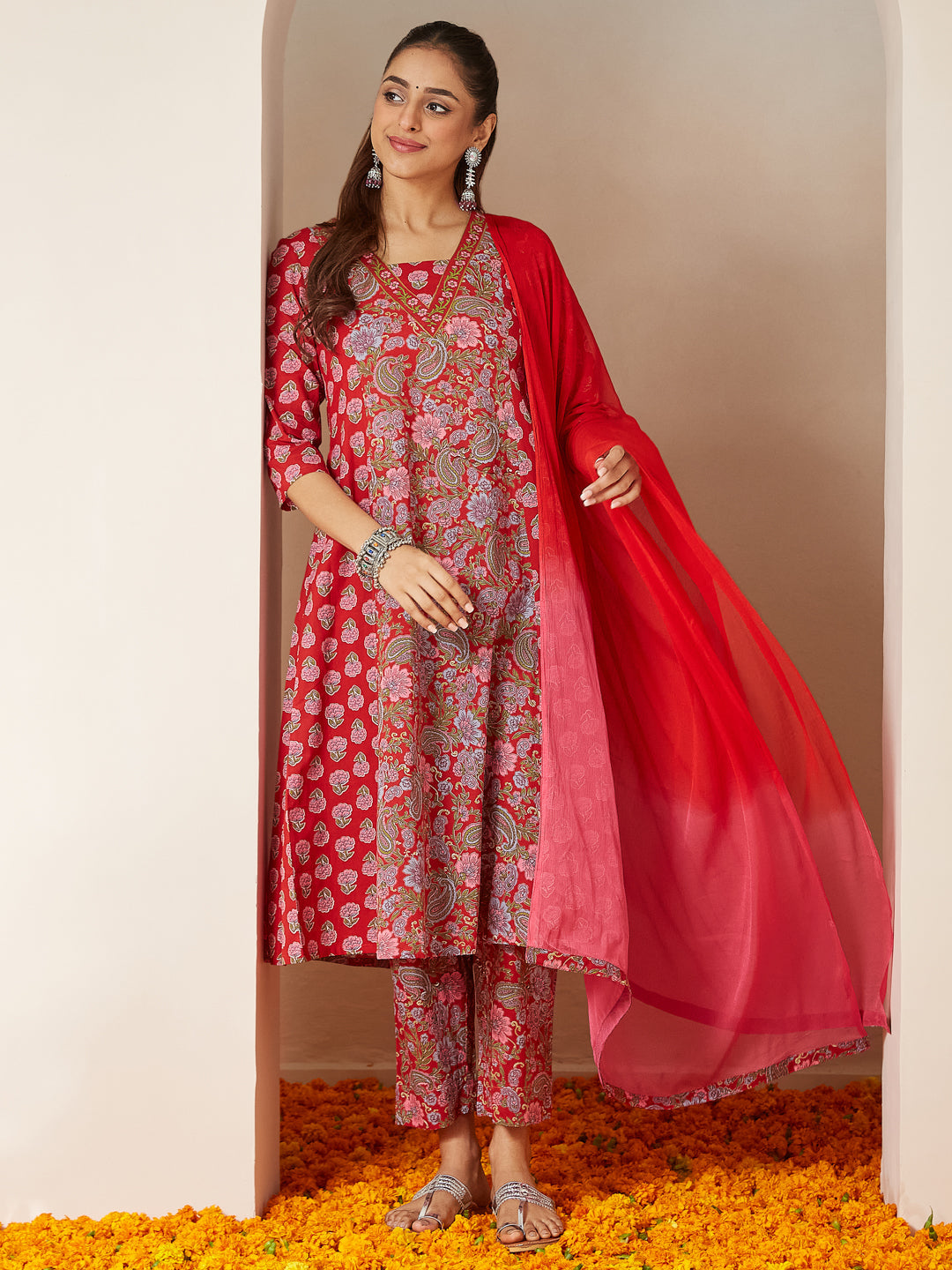 Ninnique Women's Red Pure Cotton Floral Printed A-line Kurta Set