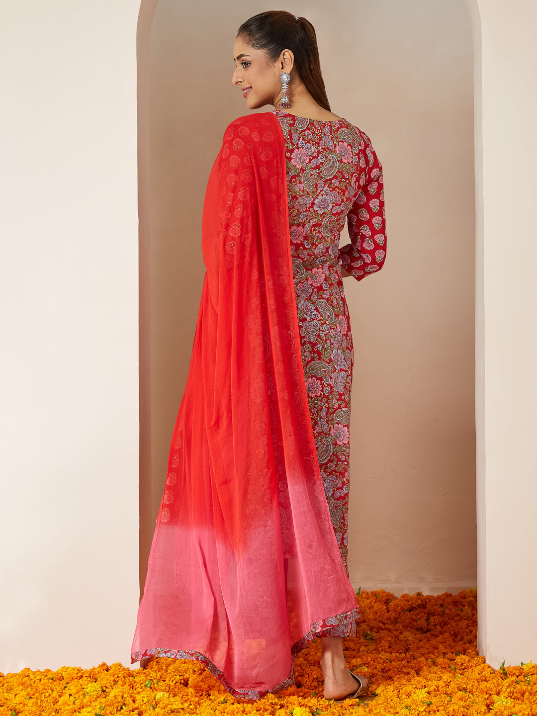 Ninnique Women's Red Pure Cotton Floral Printed A-line Kurta Set