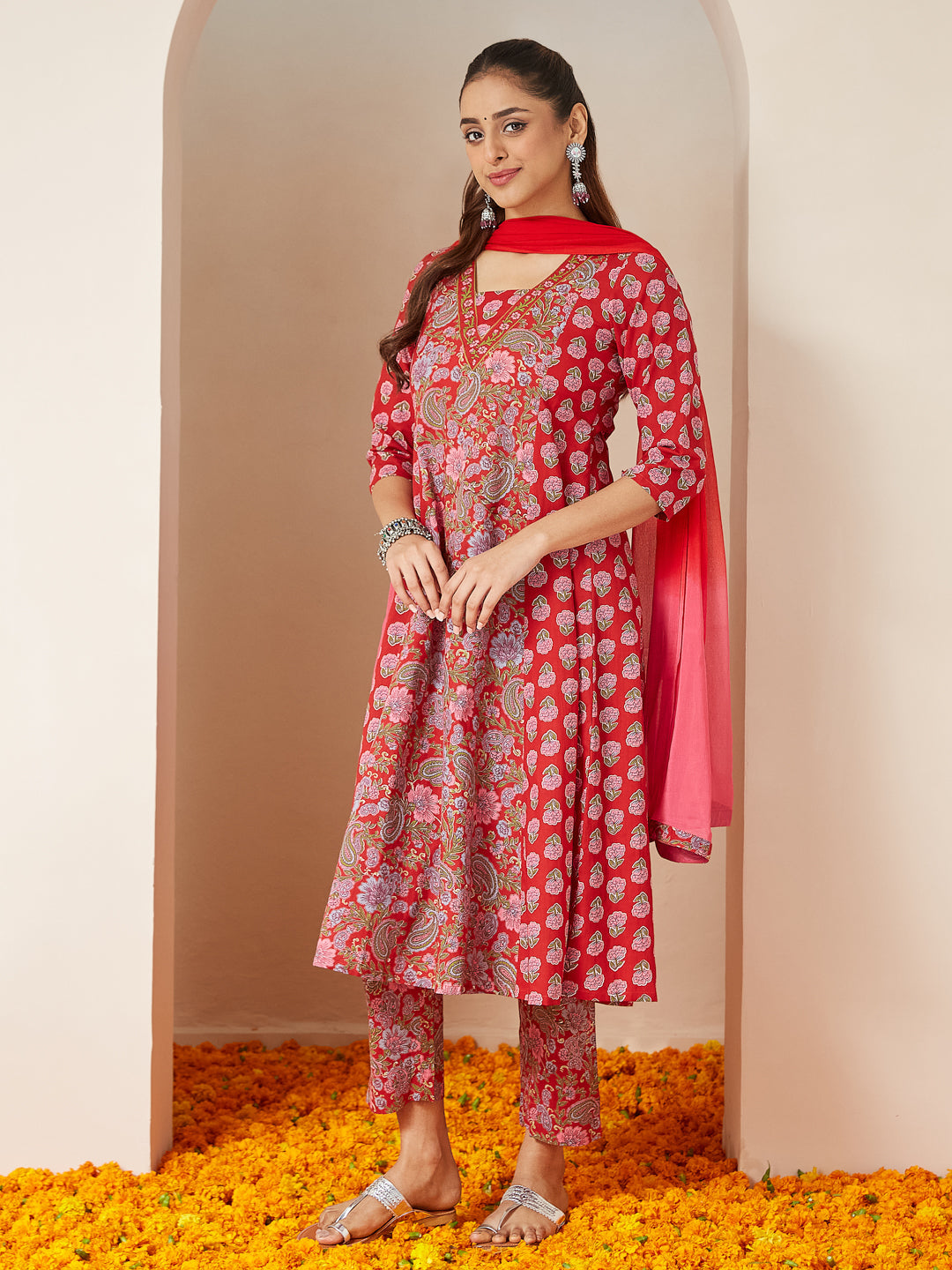 Ninnique Women's Red Pure Cotton Floral Printed A-line Kurta Set