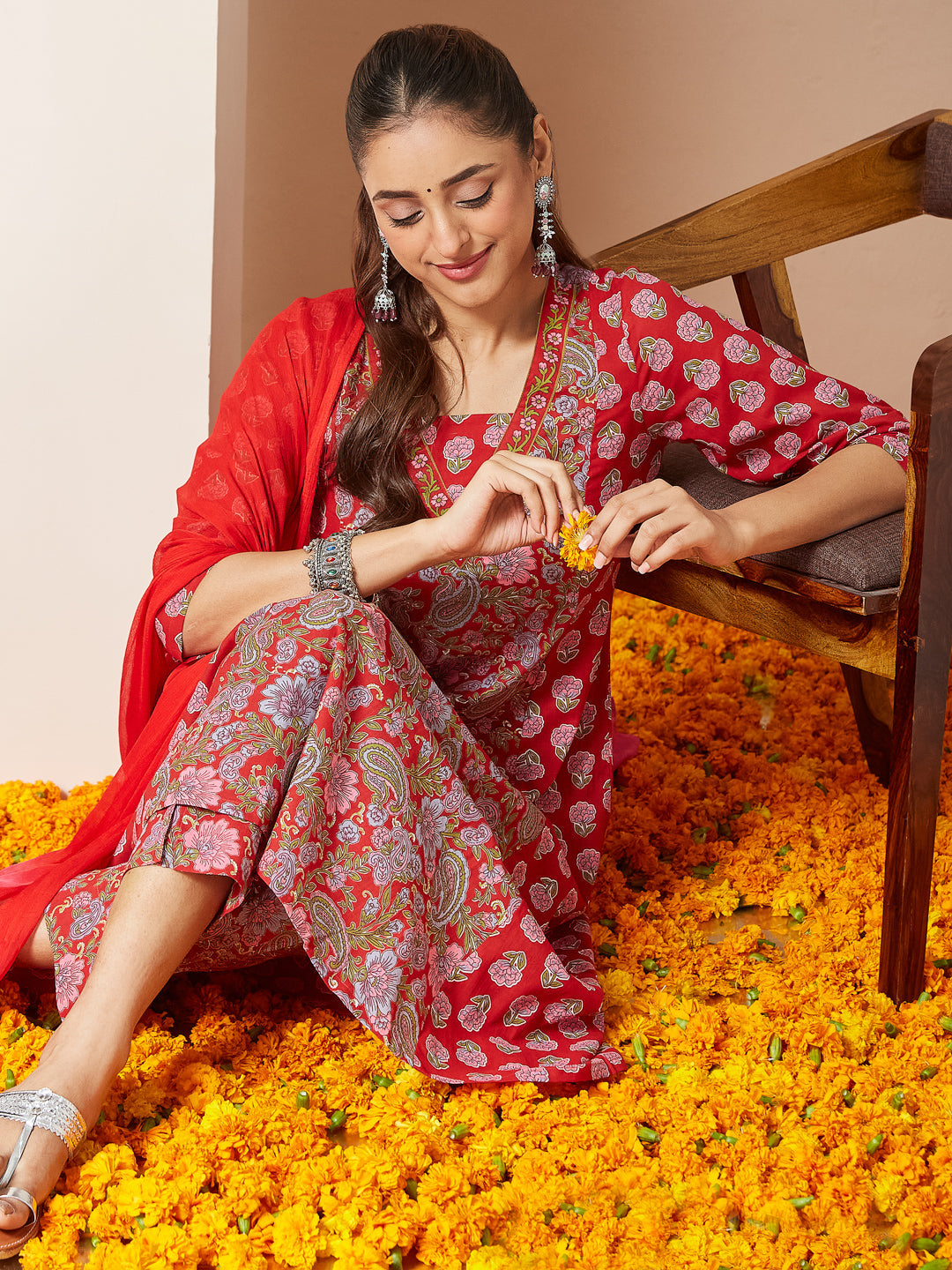 Ninnique Women's Red Pure Cotton Floral Printed A-line Kurta Set