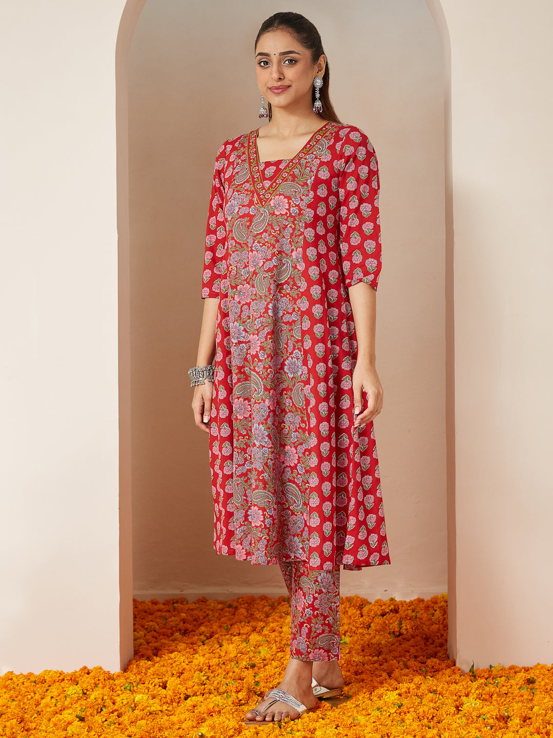 Ninnique Women's Red Pure Cotton Floral Printed A-line Kurta Set