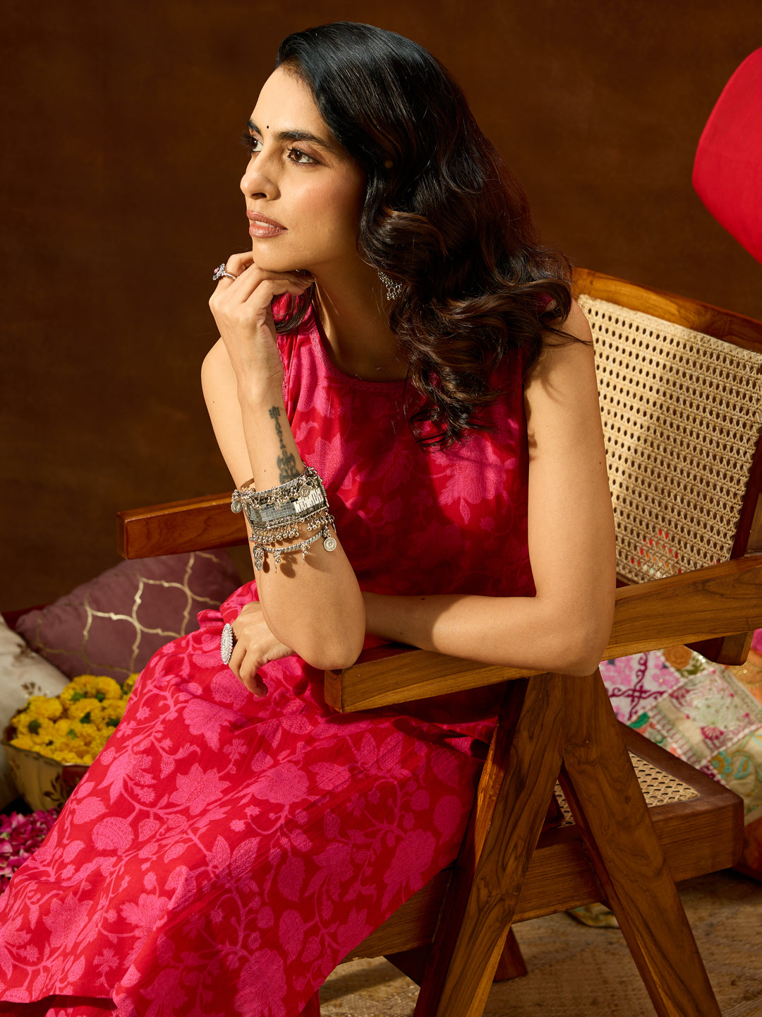 Ninnique Women's Pink Pure Cotton Floral Printed Straight Kurta Set