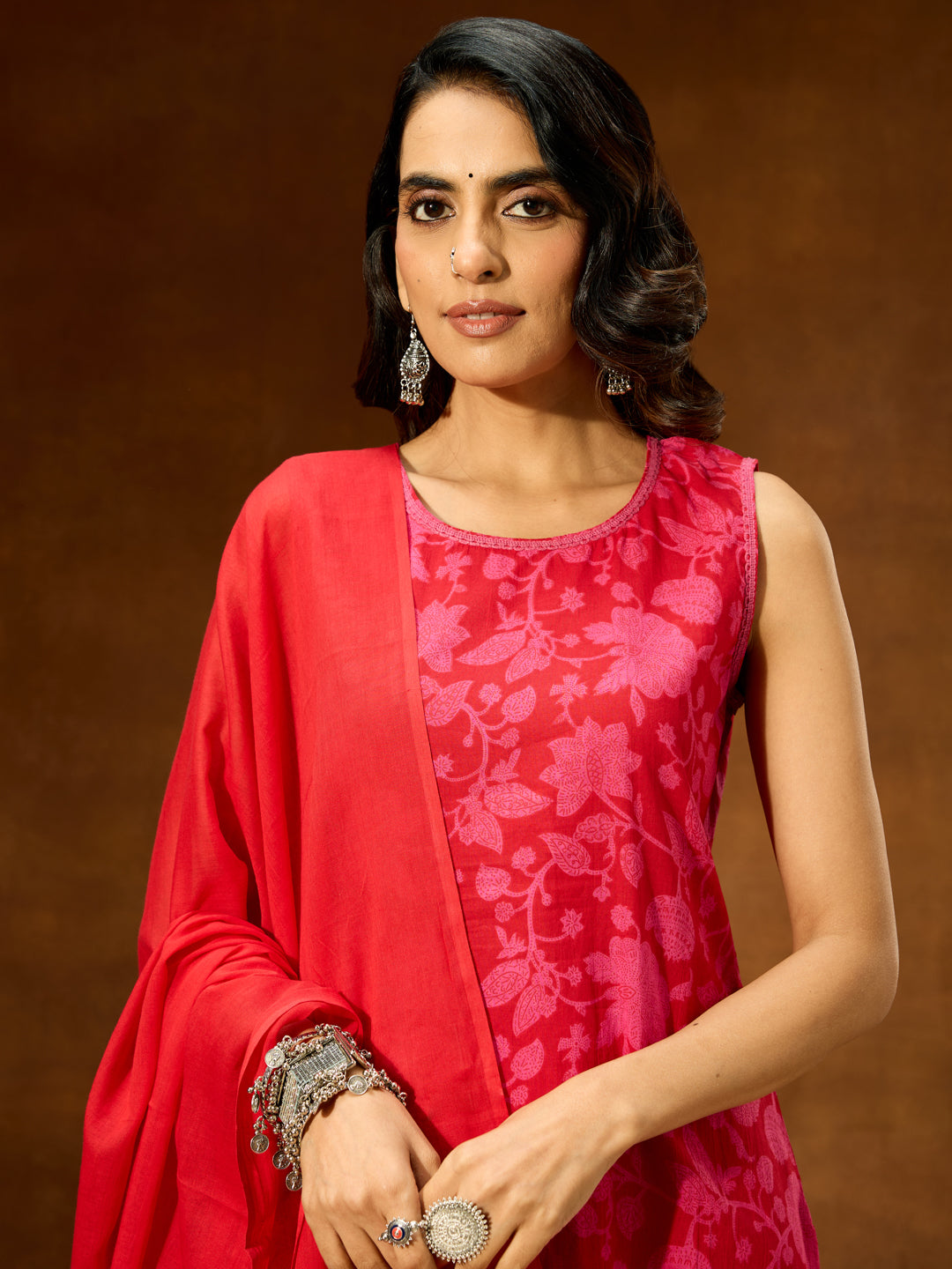 Ninnique Women's Pink Pure Cotton Floral Printed Straight Kurta Set