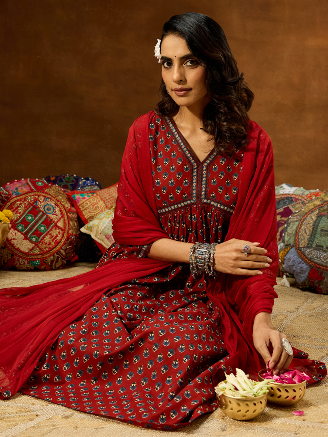 Ninnique Women's Maroon Pure Cotton Floral Printed A-line Kurta Set
