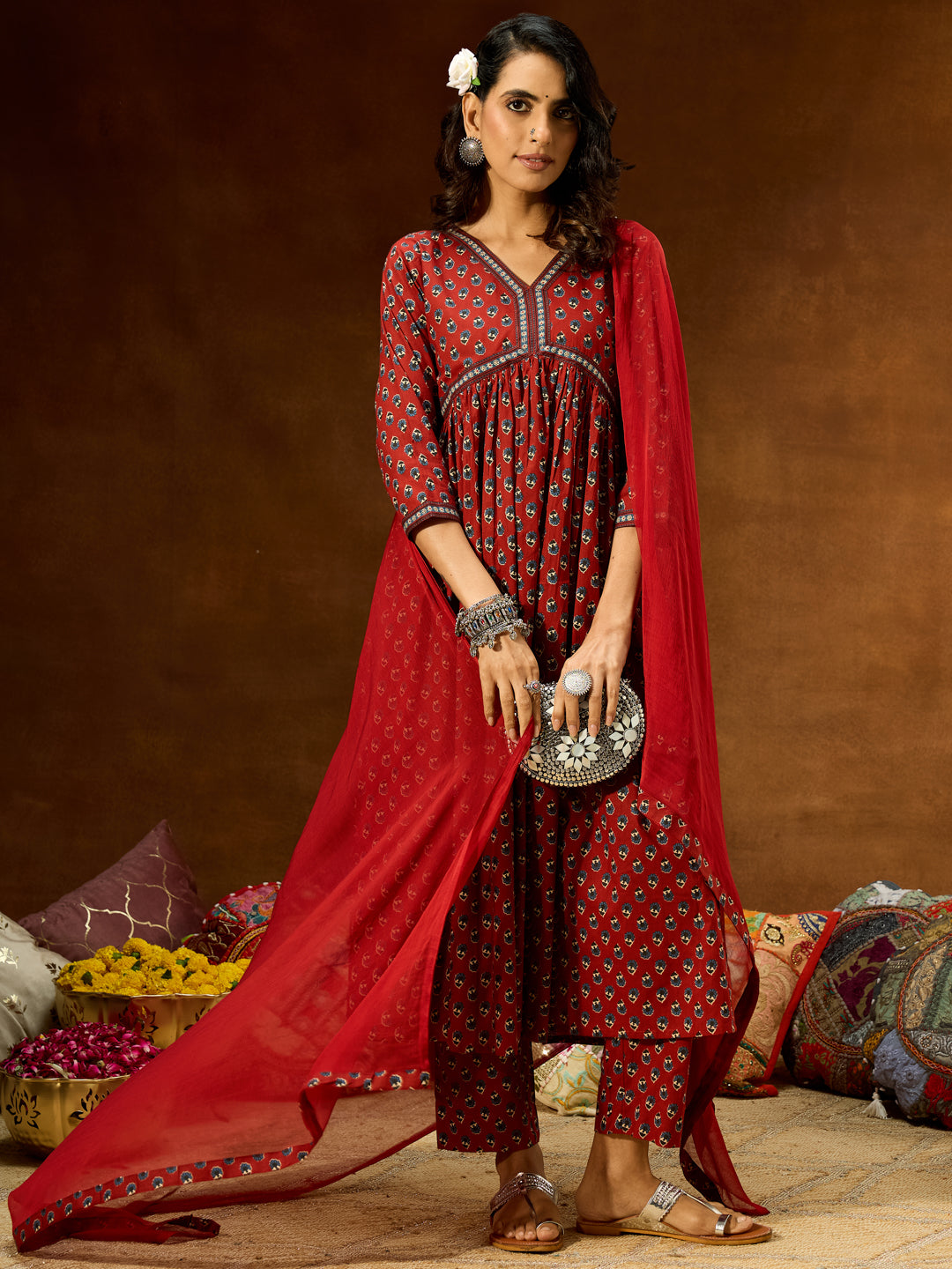 Ninnique Women's Maroon Pure Cotton Floral Printed A-line Kurta Set