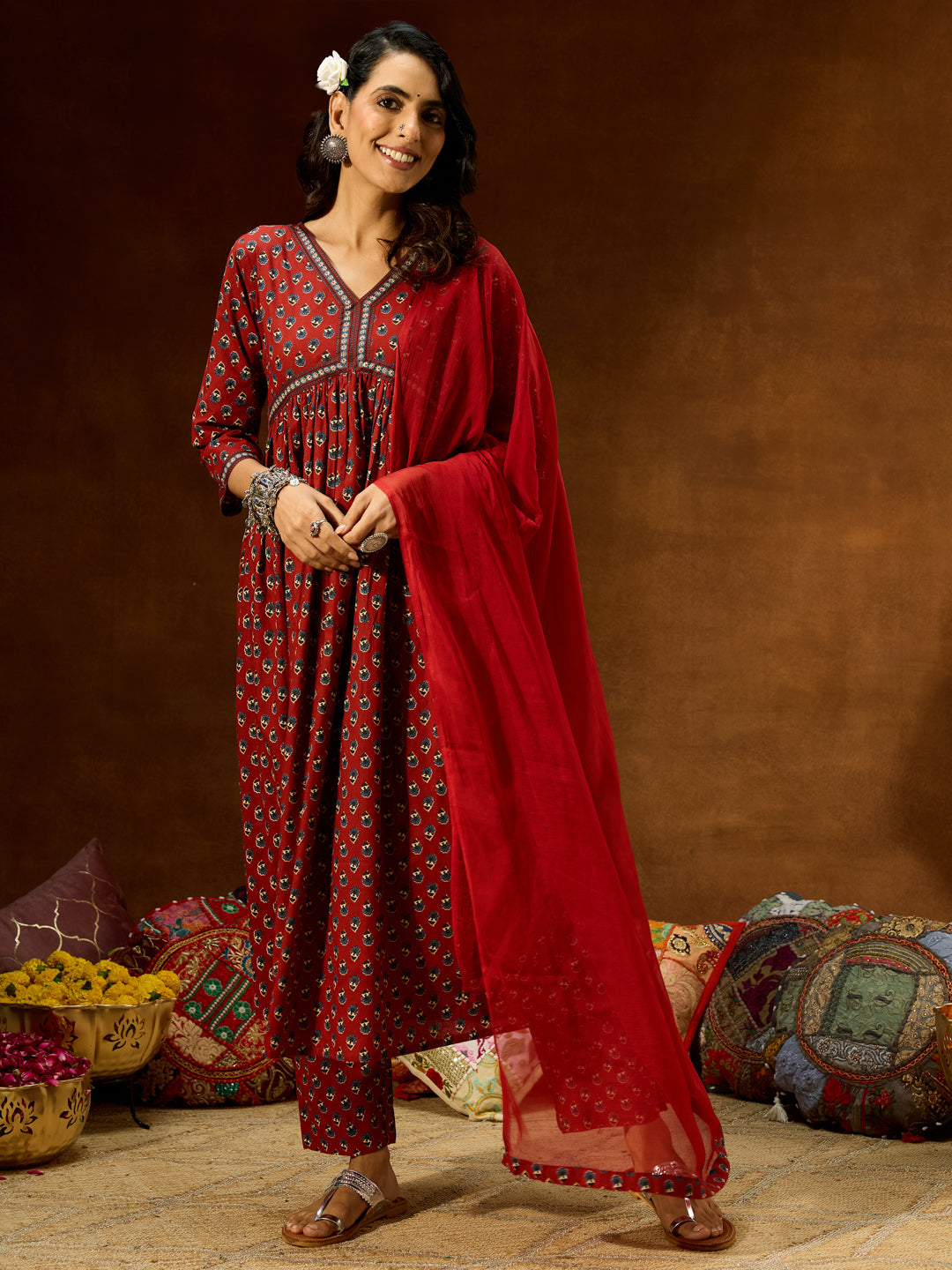 Ninnique Women's Maroon Pure Cotton Floral Printed A-line Kurta Set