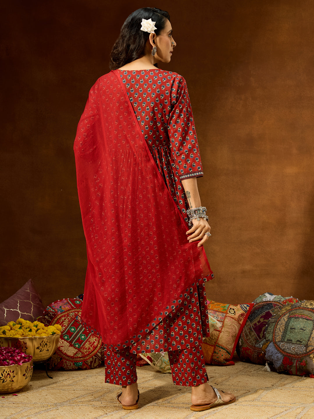 Ninnique Women's Maroon Pure Cotton Floral Printed A-line Kurta Set