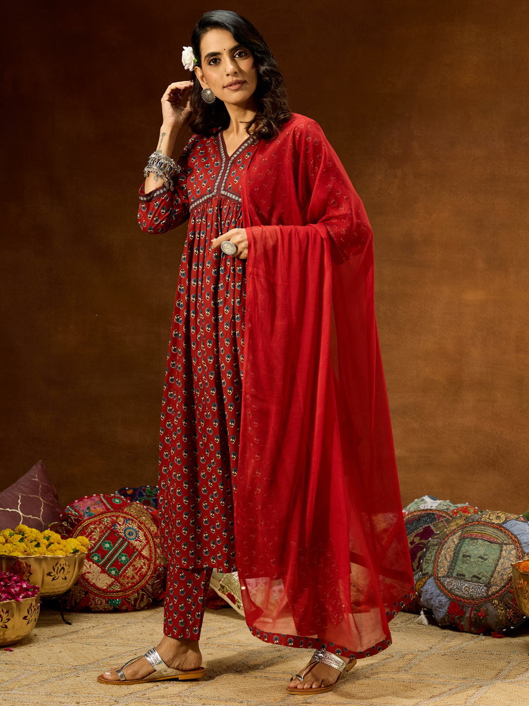 Ninnique Women's Maroon Pure Cotton Floral Printed A-line Kurta Set