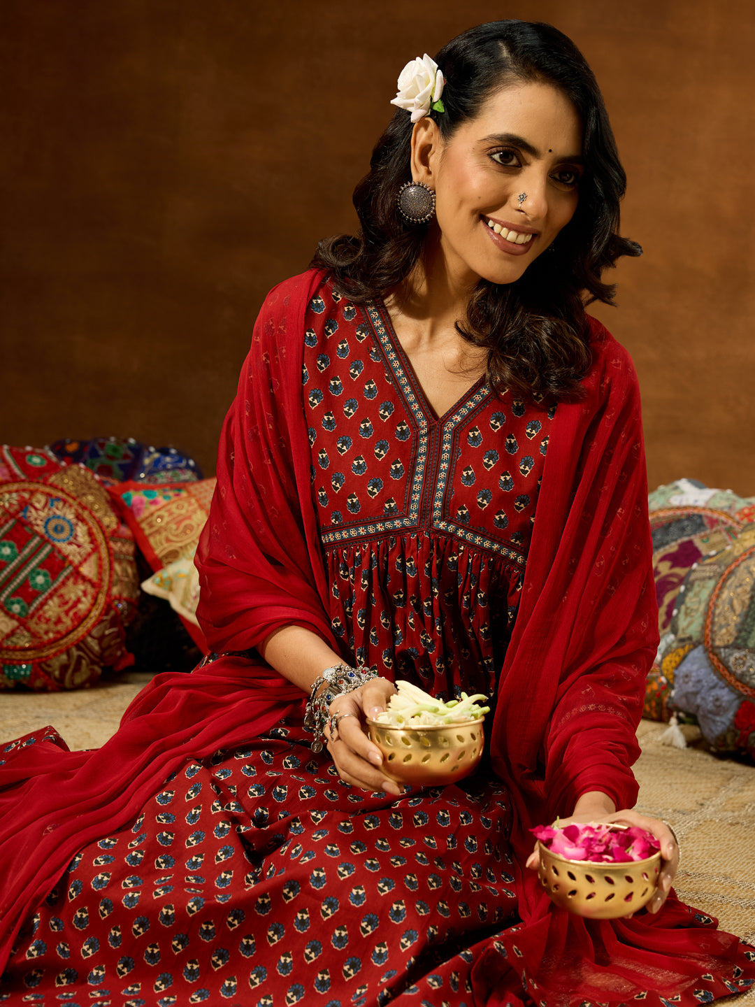 Ninnique Women's Maroon Pure Cotton Floral Printed A-line Kurta Set