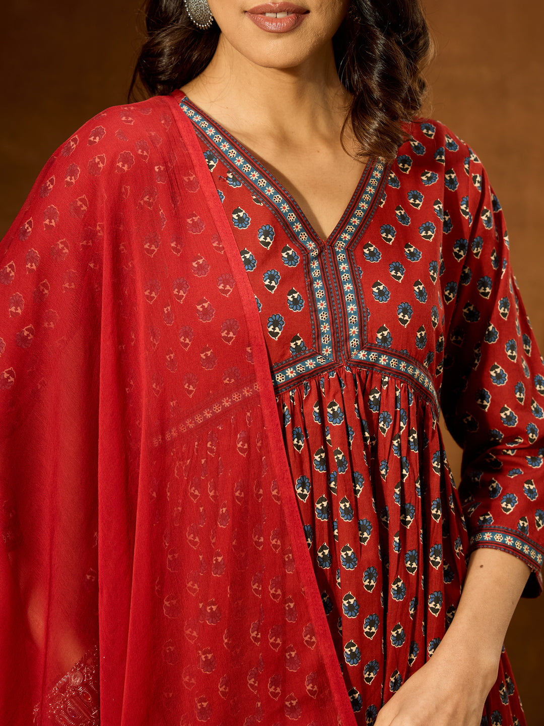 Ninnique Women's Maroon Pure Cotton Floral Printed A-line Kurta Set