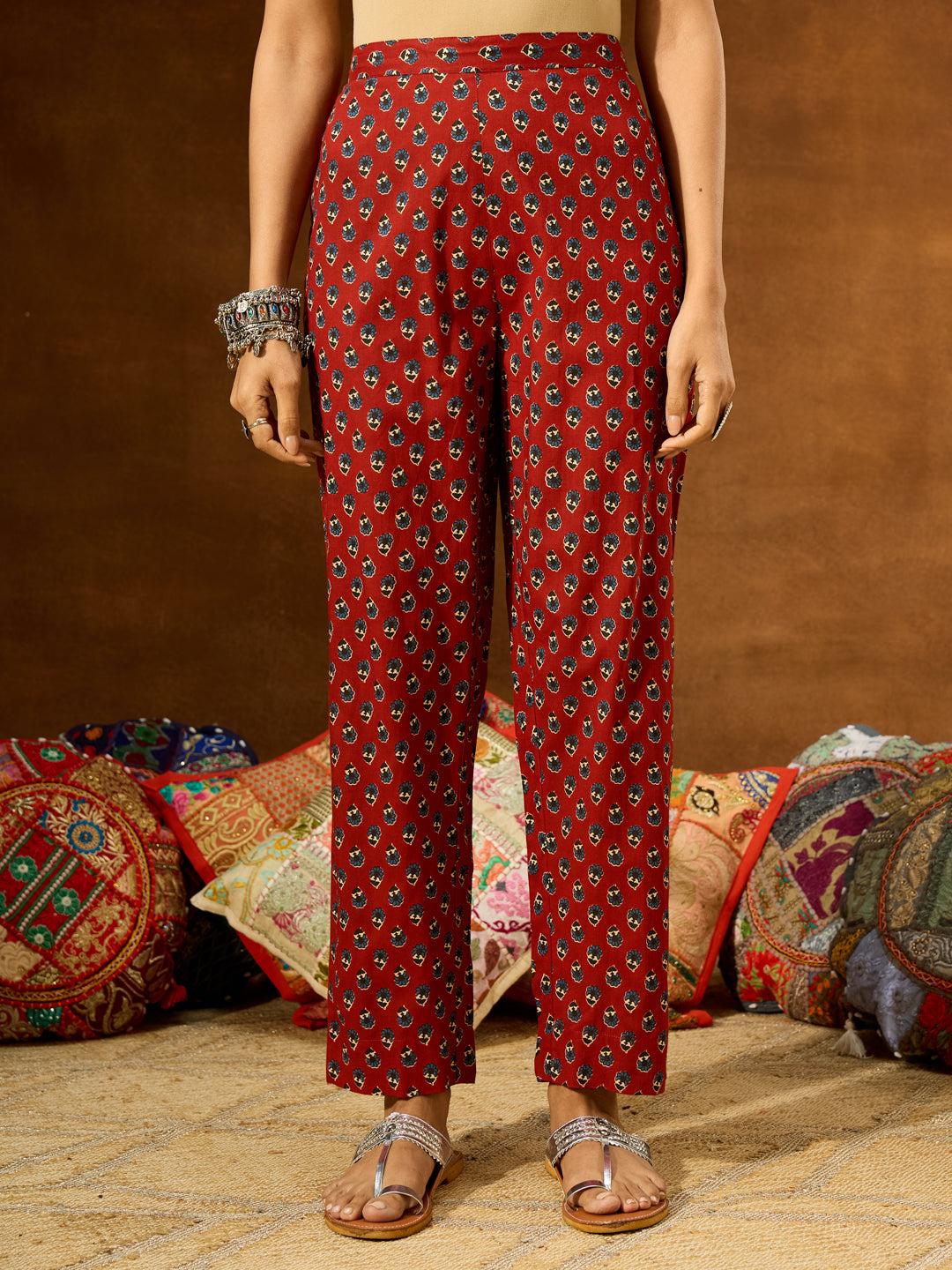 Ninnique Women's Maroon Pure Cotton Floral Printed A-line Kurta Set