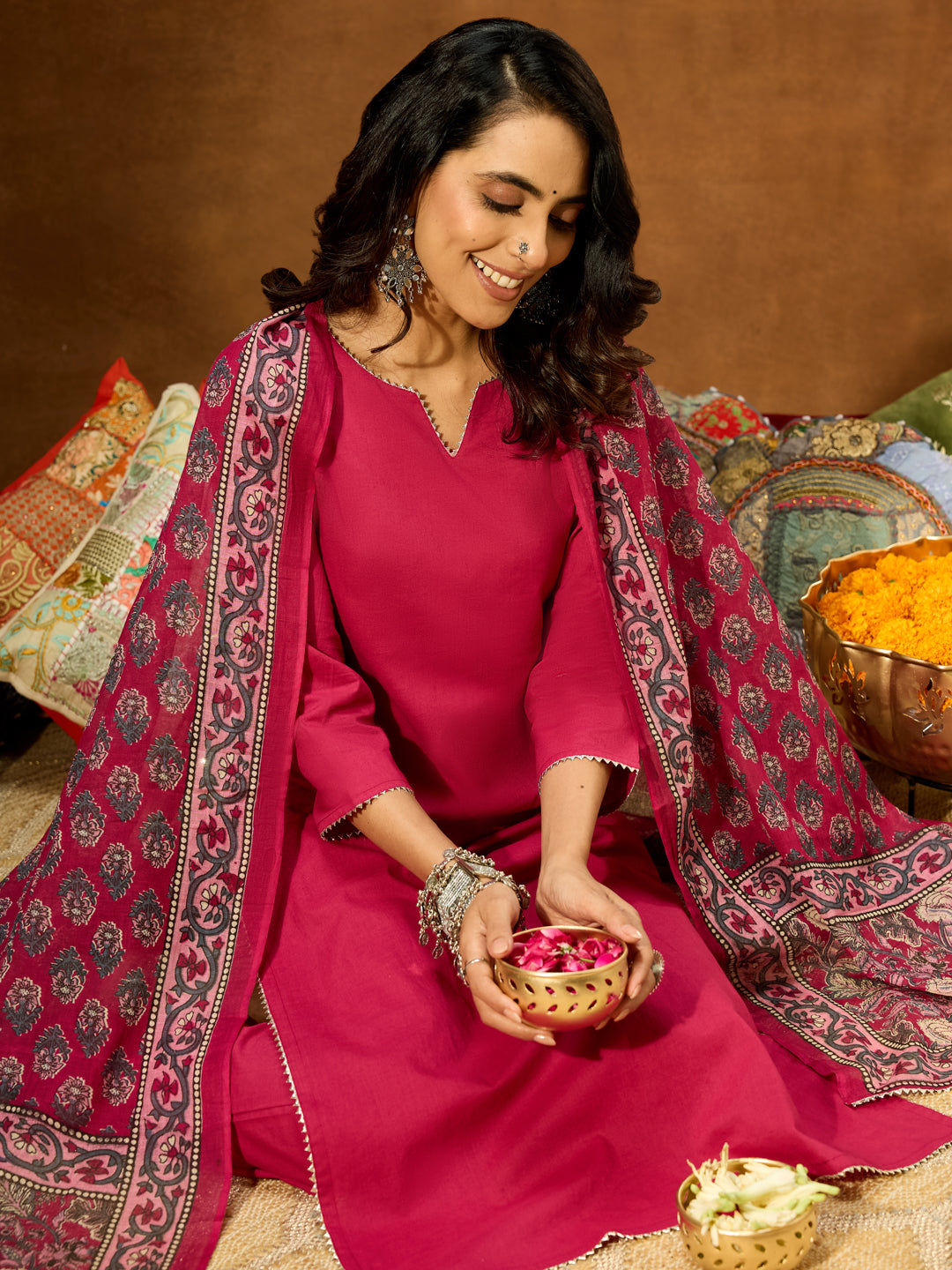 Ninnique Women's Magenta Pure Cotton Self Design Straight Kurta Set With Printed Dupatta