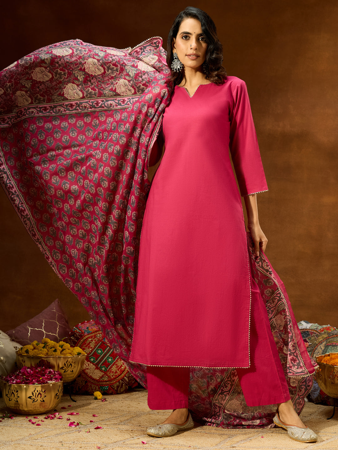 Ninnique Women's Magenta Pure Cotton Self Design Straight Kurta Set With Printed Dupatta