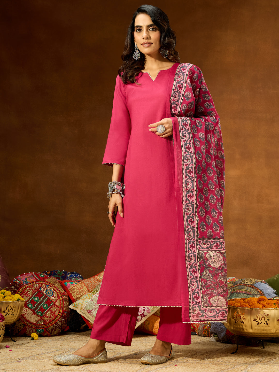 Ninnique Women's Magenta Pure Cotton Self Design Straight Kurta Set With Printed Dupatta