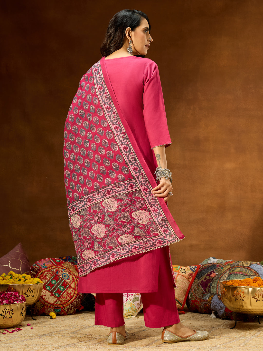 Ninnique Women's Magenta Pure Cotton Self Design Straight Kurta Set With Printed Dupatta