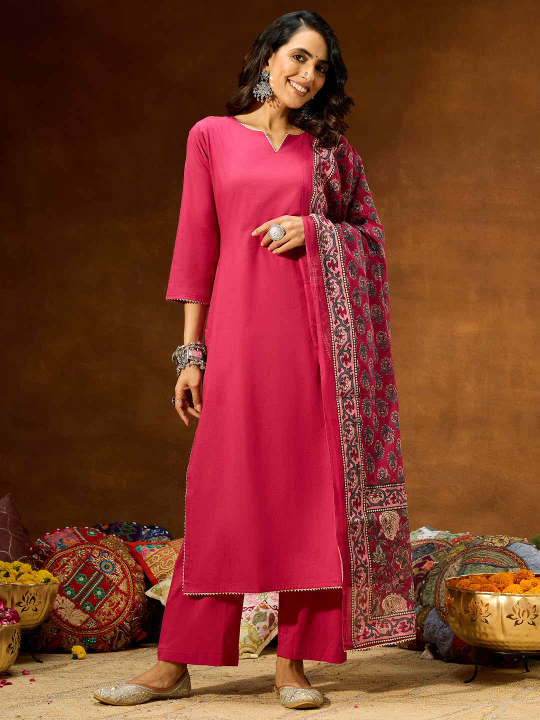 Ninnique Women's Magenta Pure Cotton Self Design Straight Kurta Set With Printed Dupatta