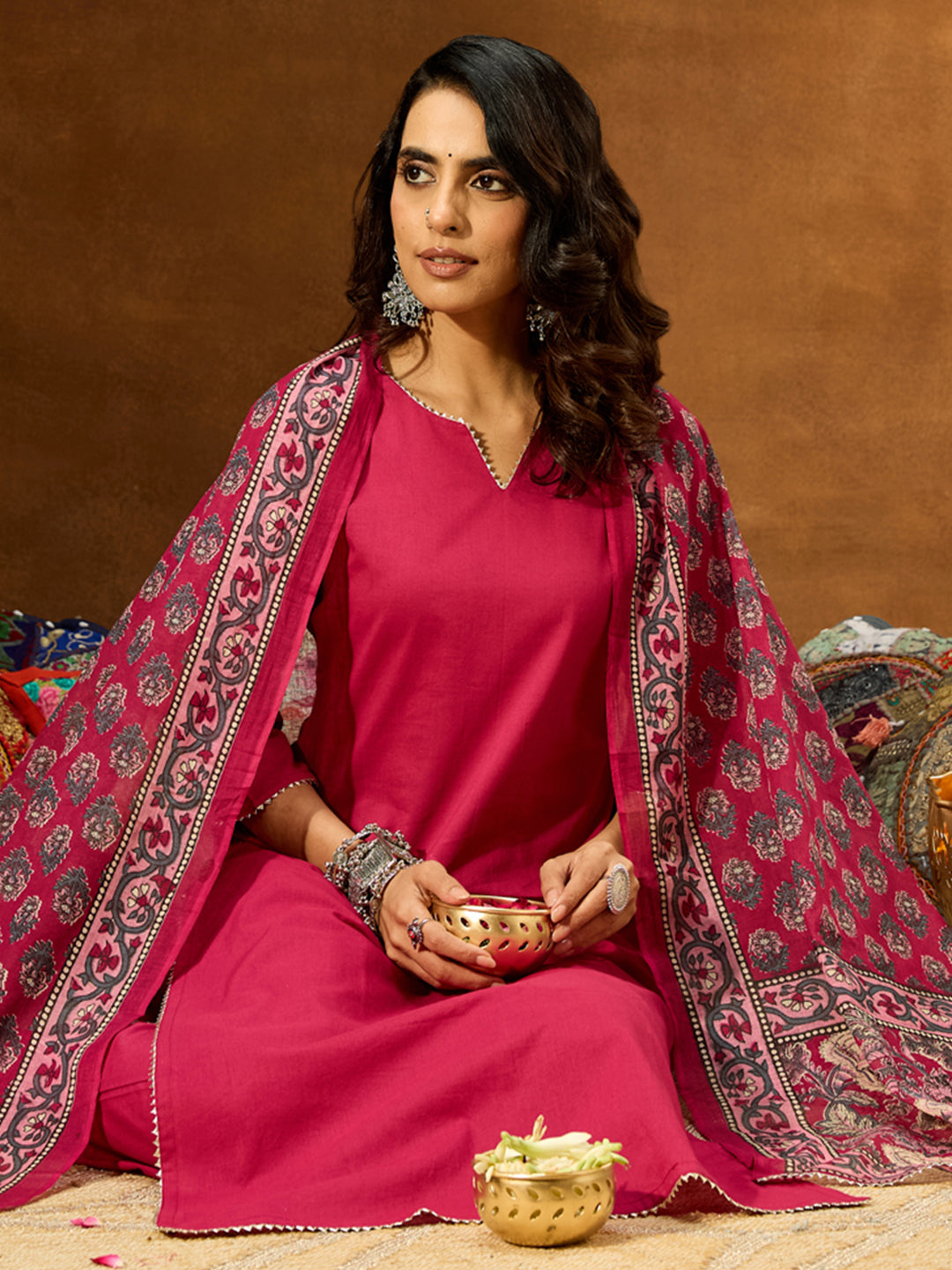 Ninnique Women's Magenta Pure Cotton Self Design Straight Kurta Set With Printed Dupatta