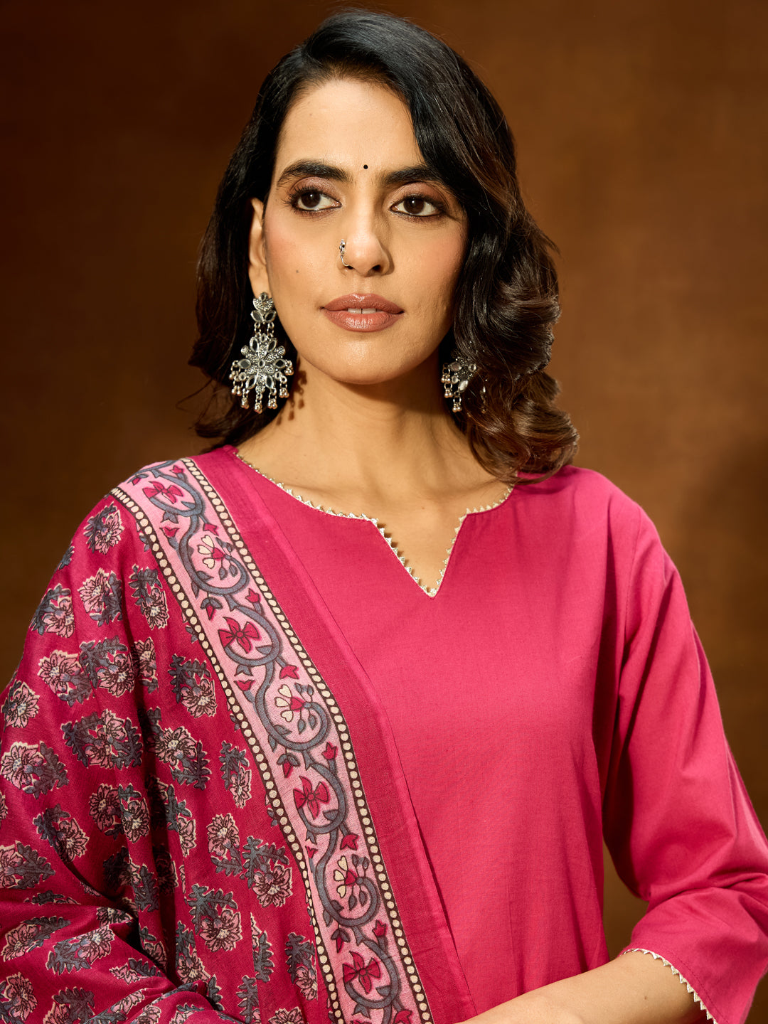 Ninnique Women's Magenta Pure Cotton Self Design Straight Kurta Set With Printed Dupatta