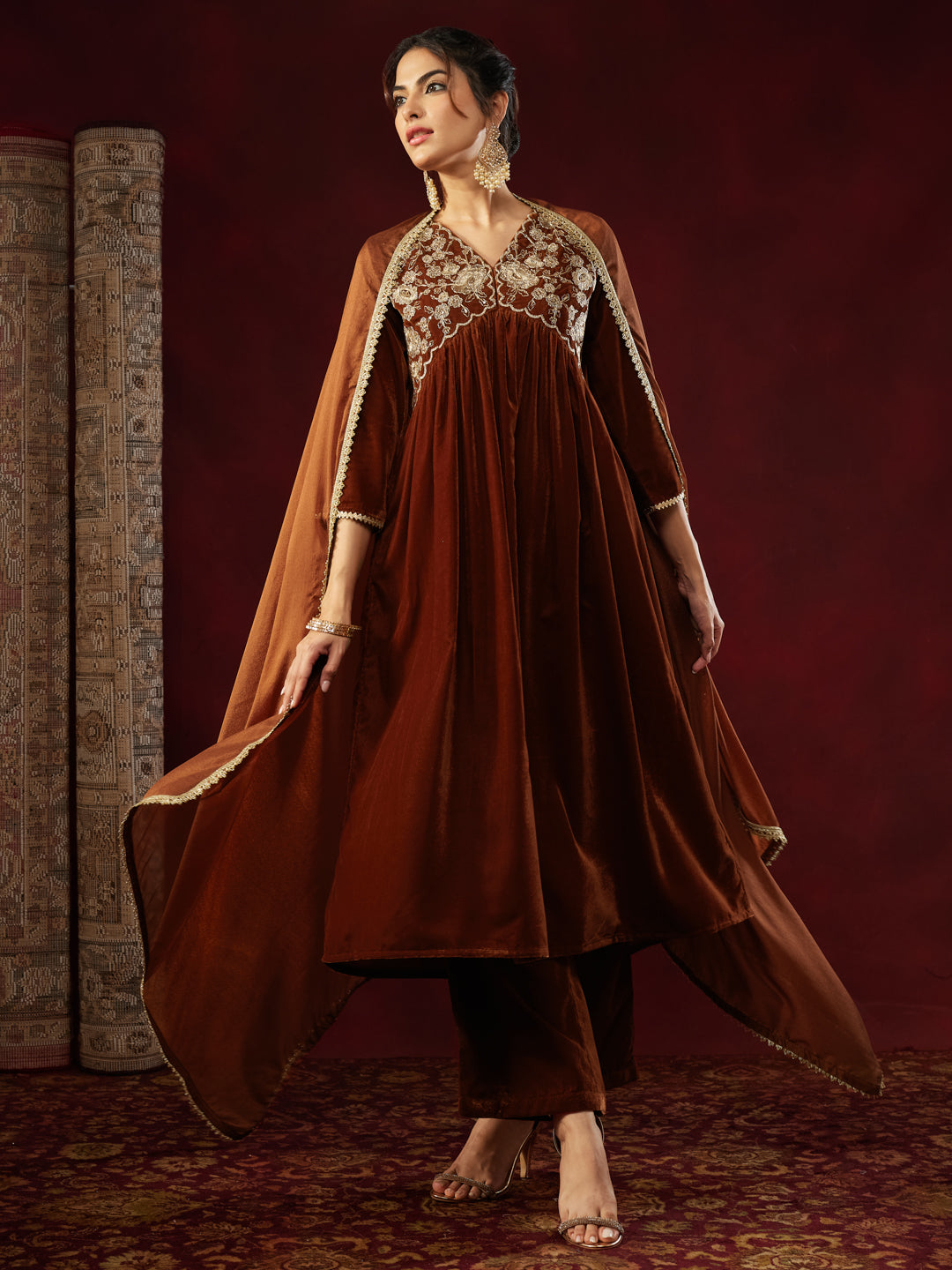 Ninnique Women's Brown Velvet Zari Embroidered A-line Kurta Set