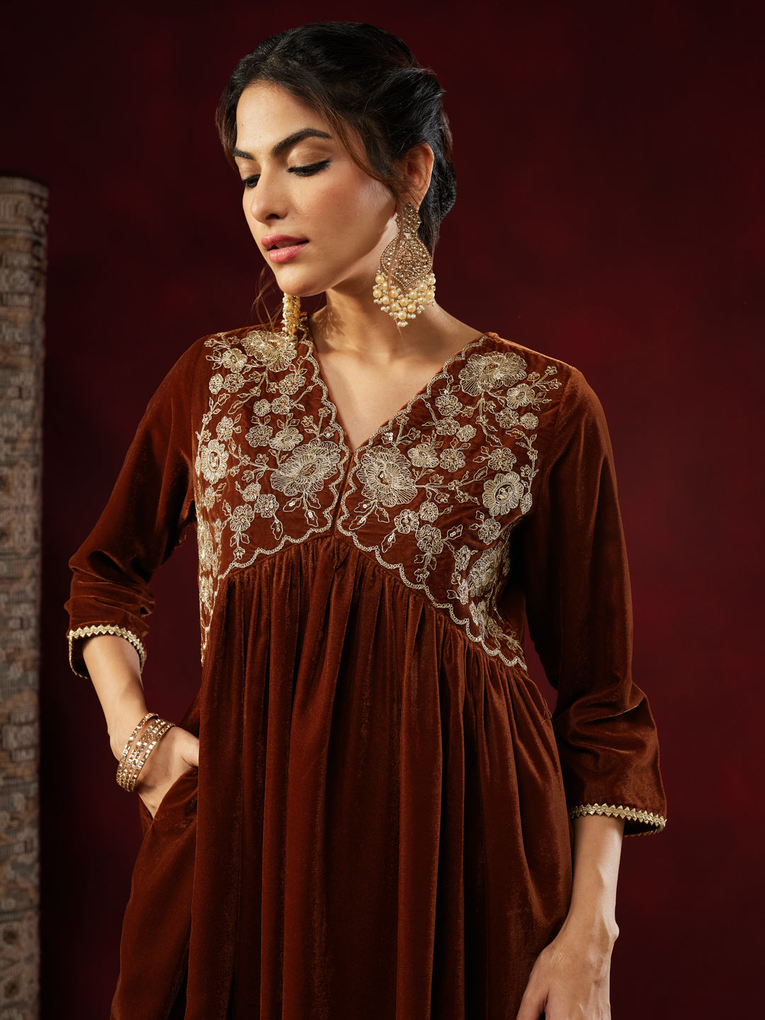 Ninnique Women's Brown Velvet Zari Embroidered A-line Kurta Set