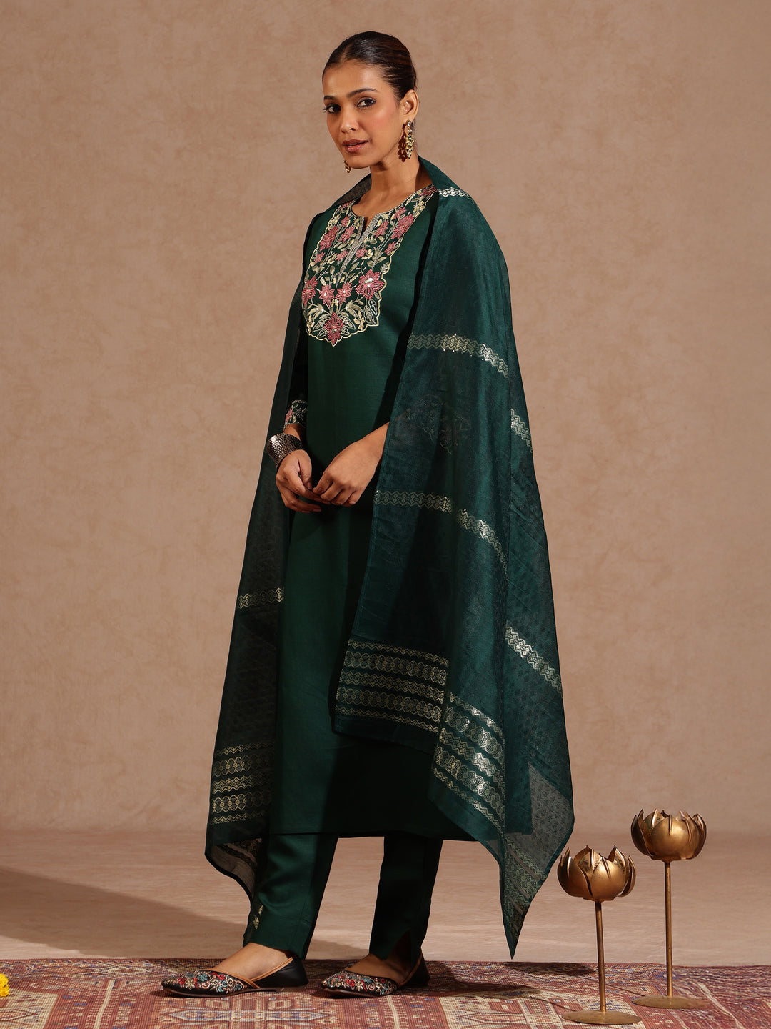 Ninnique Women's Bottle Green Silk Blend Yoke Embroidered Straight Kurta Set