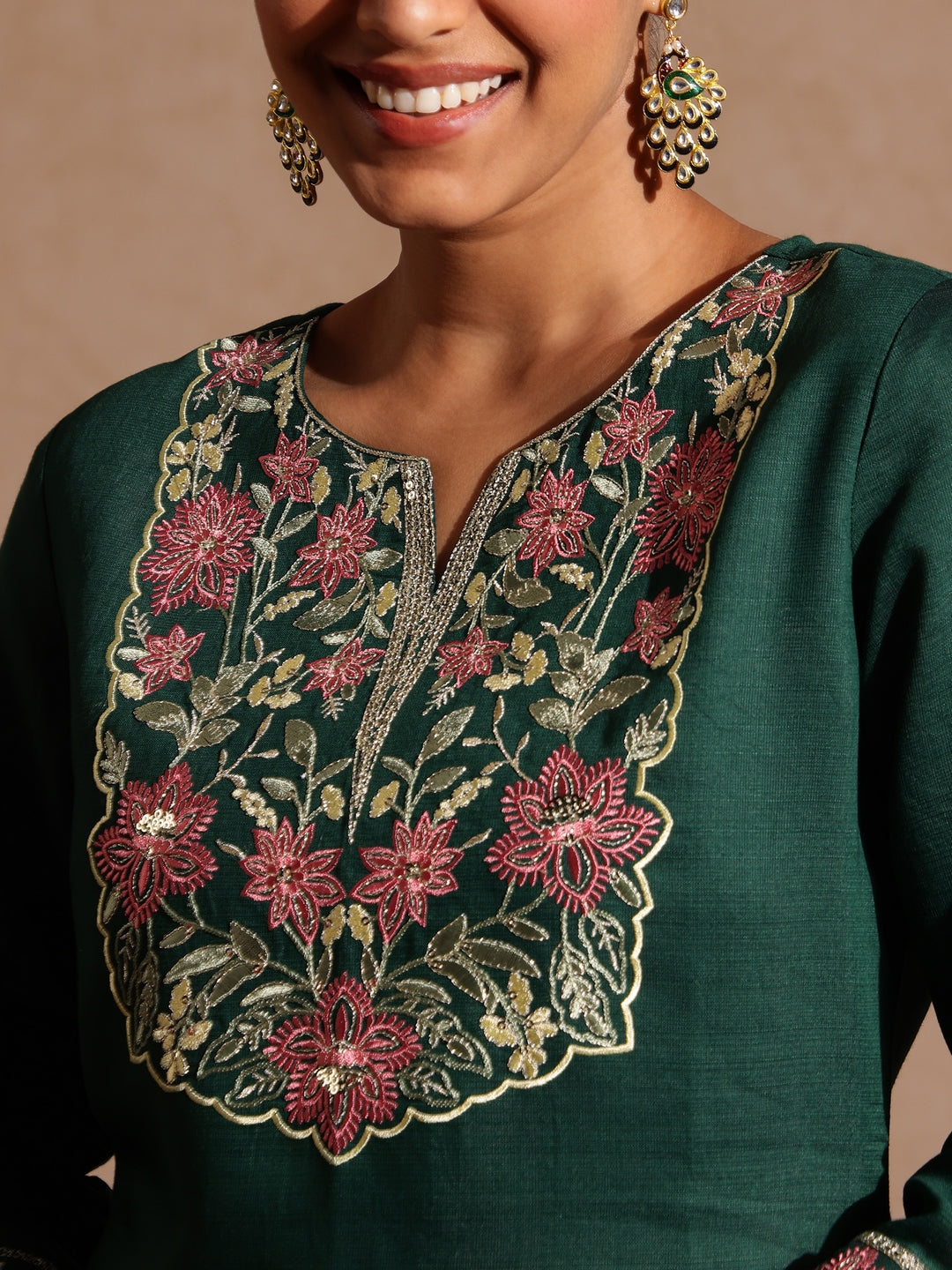 Ninnique Women's Bottle Green Silk Blend Yoke Embroidered Straight Kurta Set